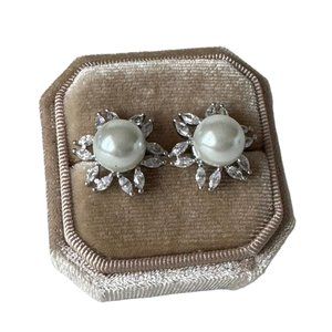 NWT Kenneth Jay Lane Rhodium Plated Faux Pearl & Cubic Zirconia Stud Earrings